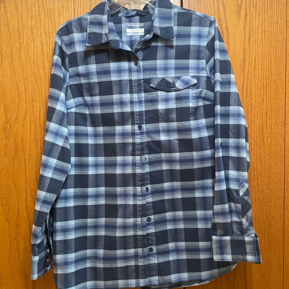 Columbia Women's Navy and Light Blue Plaid Button-Down Shirt